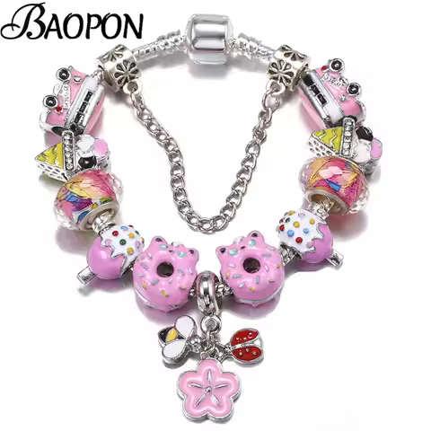 BAOPON Luxury Enamel Donut Beads Bracelets With Silver Color Chain Bracelets For Women Men Fiancee B