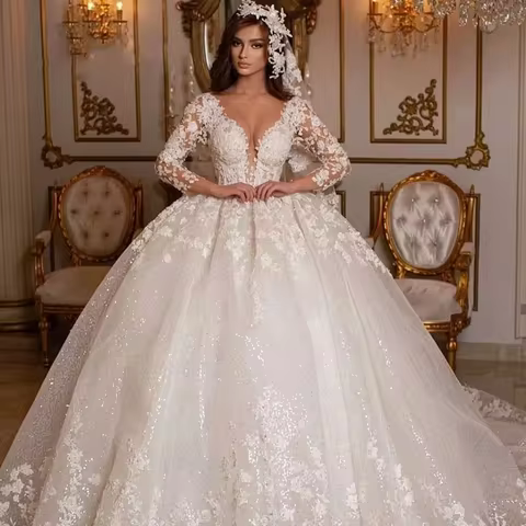 Customized Shinny Tulle Lace Wedding Dresses Princess Ball Gown Beading Bridal Gowns Long Sleeves Du