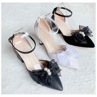 Feminine Pointed Heel 6 Inch Pearl Lace Bow High Heels A13NR