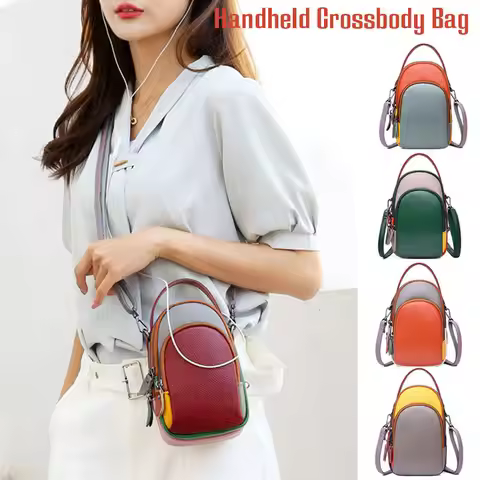 Women Small Genuine Leather Phone Bag Pouch Contrast Color Shoulder Crossbody Bag Female Purse Cowhi