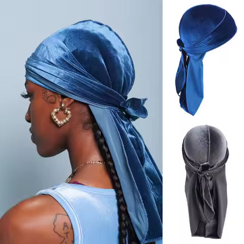 New Unisex Solid Color Soft Velvet Longtail Pirate Hat Breathable Bandana Durag Long Ribbon Cape Bao