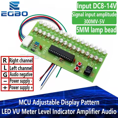 MCU Adjustable Display Pattern LED VU Meter Level Indicator Amplifier Audio 16 LED Dual Channel Gree
