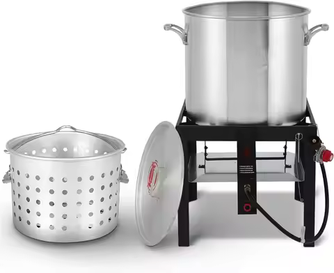 60 Qt Aluminum Seafood Boil Pot With Strainer Basket, 100,000 Btu Propane Burner, Outdoor Fryer Kit 