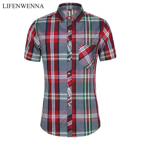 New Fashion Plaid Shirt Men Summer Casual Short Sleeve Shirts Mens Plus Size Beach Hawaiian Tops Blo