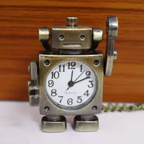 Vintage robot shape Arabic numerals round dial quartz pocket watch pendant decorated with cute keych