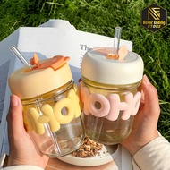 HoHo 3D Glass Bottle Tumbler Aesthetic Cup Clear Coffee Cup Foldable Straw Drinking Bottle