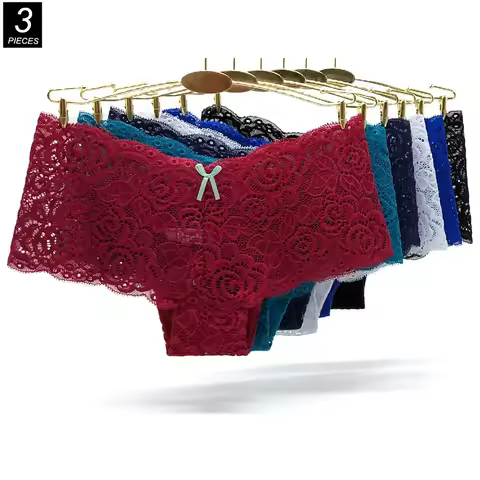 3PCS Transparent Boyshorts Women Underwear Lace Boxers Ladies Plus Size M-XXL Hollow Out Floral Pant