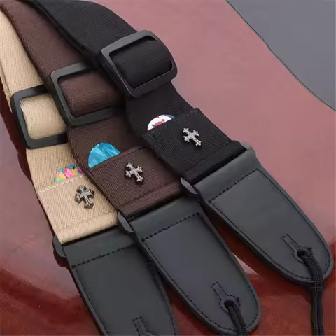 Electric Acoustic Folk Guitar Strap - Vintage Cross Personality Guitarra Belt with Pick Pocket, Guit