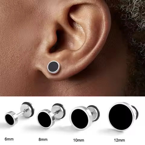Punk Titanium Steel Men's Earings Round Black Oil Drip Stud Earrings For Men Hiphop Stainless Steel 