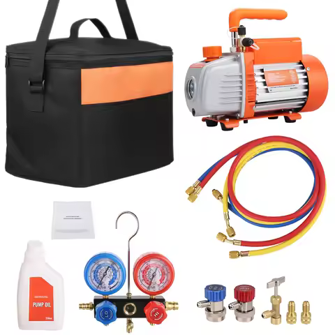 SucceBuy 3.5CFM 4CFM Single Stage Rotary Vane HVAC Air AC Vacuum Pump & A/C Refrigerant Kit Manifold