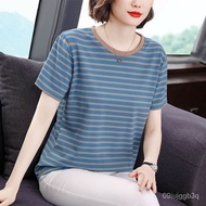 【Ensure quality】Summer Wear Short Sleeve Shirt Women's Middle-Aged Mom Wear2023New plus Size Loose Belly-Covering Stripe