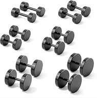 Black Round Ear Studs, 6Pair Women/Man Fake Gauges Dot Earrings, Ear Tunnel Stainless Steel Earrings