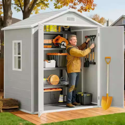 All-Weather Resin Outdoor Storage Shed With Floor Lockable Doors Windows Plastic Tool Shed Patio Law
