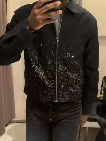 Sequin Black Men's Bomber Jackets Vintage Lapel Gradient Oversize Full Sleeve Cropped Coats Man 2026