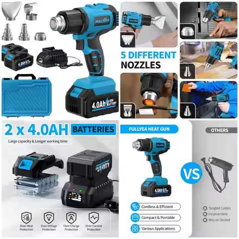 Heat Gun Cordless, Max 1022°F (550°C), Hot Air Gun Kit with 2x4.0Ah Batteries & 5 Nozzles