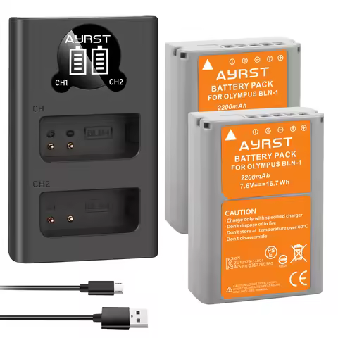7.6V 2200mAh BLN-1 PS-BLN1 Camera Battery + Dual USB charger for Olympus OM-D E-M1, Olympus Pen F, O