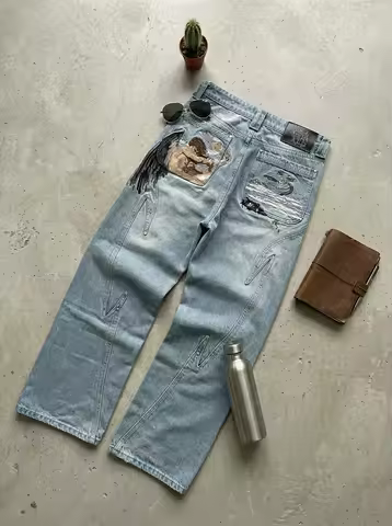 Men Vintage Y2K Light Blue Angel Wings Embroidered Wide Leg Jeans Oversized Denim Casual Hip Hop Str
