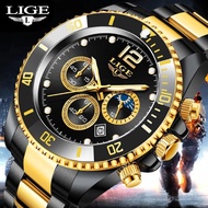 LIGE นาฬิกาผู้ชายสแตนเลสแบบสบายๆ24ชั่วโมง Moon Phase นาฬิกากันน้ำสำหรับผู้ชายนาฬิกาโครโนกราฟ สปอร์ตนาฬิกาควอตซ์ + กล่อง
