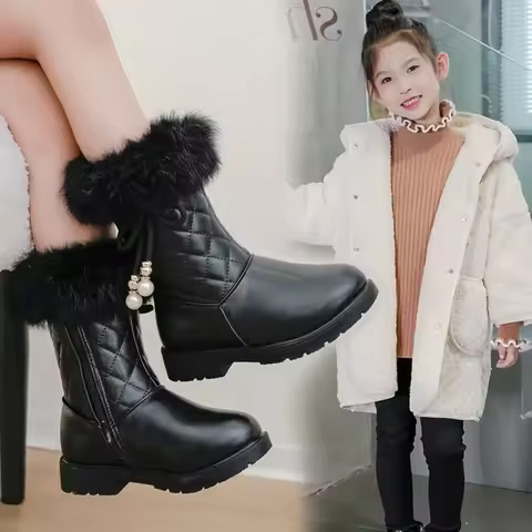 Girls Princess Boots Warm Shoes for Winter Kids Long Boots with Fur 2024 New Fashion Sweet Girls Lea