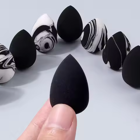 10Pcs Mini Makeup Sponge Set Solid Black & Marble Teardrop Beauty Puff Soft Skin-Friendly Reusable S