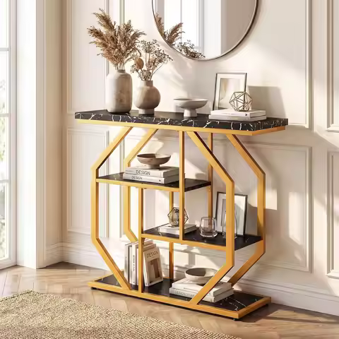 40" Narrow Console Table Faux Marble Gold Metal Frame 4-Tier Storage Behind Sofa Entry Living Room H