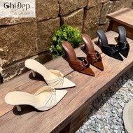 7-9 cm silk leather high heel sandals, women's clogs with pleated copper buttons Uyen Oliver Shoes U