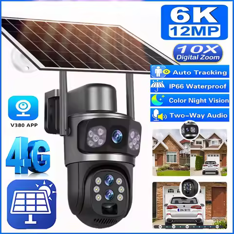 10X Zoom 4G Sim Solar Camera Outdoor 6K 12MP Three Lens Security Surveillance Camera PIR Auto Tracki