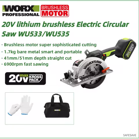 WORX WU535 WU535X Brushless Motor 140MM Cordless Circular Saw 45 /90 Degree Cutting Powershar with 5