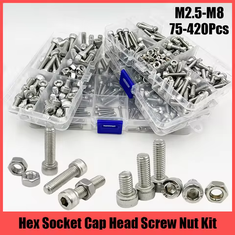 420/210/180/110/75PCS 304 Stainless Steel Allen Hexagon Hex Socket Cap Head Screw Bolt and Nut Set M