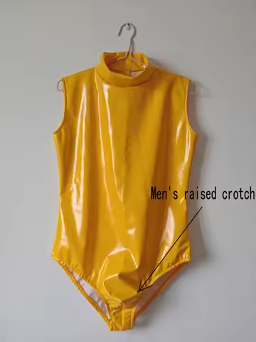 Yellow Shiny PVC Faux Leather Bodysuit One Piece Swimsuit Jumpsuits Zipper Turtleneck Sleeveless Leo
