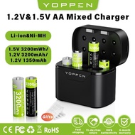 YOPPEN Bateri AA 1.2V&1.5V Rechargeable Ni-MH&Li-ion Battery With 8 Slots Mixed Battery Charger Set