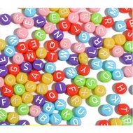 Pack Of 5-10-25gam Round Plastic Beads Printed With 4x7mm Letters Pattern in Full Color White Text
