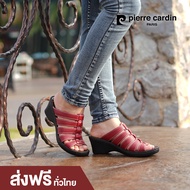 Pierre Cardin รองเท้าผู้หญิง รองเท้าส้นสูง รองเท้าแตะส้นสูง นุ่มสบาย ผลิตจากหนังแท้ สีแดง ไซส์ 36 37 38 39 รุ่น 22SS652