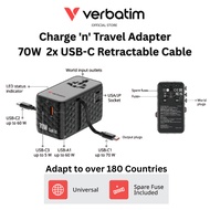 "Verbatim 30186 4-Ports 70W Diamond GaN Universal Travel Adapter with 2x USB-C Retractable Cable 3x 