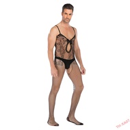 Men's Elbow-Sleeved Top Open Sexy Sleepwear Uniform Temptation High Elastic Jacquard One-Piece Fishnet Clothes