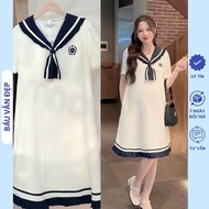 LUXURY SAILOR NECK BADGE GIRLFRIEND DRESS, STRAIGHT SHAPE, COLOR COMBINATION, YOUTHFUL OFFICE DRESS 