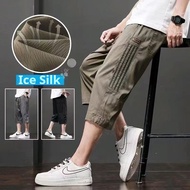 M-5XL Men's Summer Ice Silk Breathable Knee Length Striped Short Pants Loose Over Knee Shorts Sports