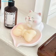 DOREENJ Cat Soap Dish, Pastel Pink White Non-Slip Base Soap Holder, Cute Cat Adorable Cat-shaped Wit
