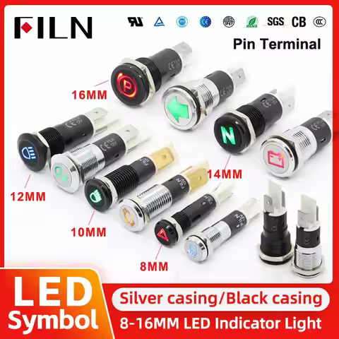 FILN 8/10/12/14/16mm 12V 24V Black Metal Indicator Dash Pilot Light Car Dashboard Ruck Machinery Sym