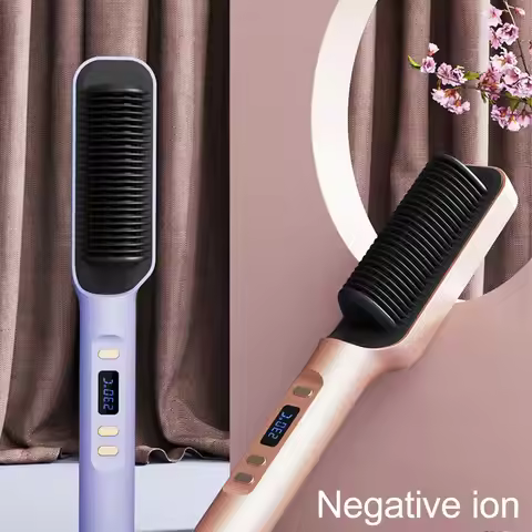 Ionic Hair Straightener Brush 35W Hair Straightening Brush Even Heating LCD Hair Straightener Brush 