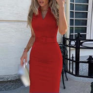 2021Fashion Short Sleeve Ladies Bodycon Dress Women Elegant Solid Slim Office Casual Dress Sexy V Neck Belted Party Dress Vestidos