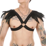 CLEVER-MENMODE Black Feather Crop Top Bondage Harness Sexy Men Lingerie Cage Punk Elastic Body Straps Erotic Halter Neck Costume