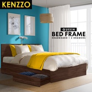 KENZZO :  SNOW SERIES QUEEN BEDFRAME_HEADBOARDS WITH 2 DRAWERS / Wooden Queen Bed Frame with Headboard/ Katil Queen Kayu