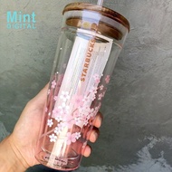 Starbucks Cup 591ml Glass Pink Cherry Blossom Wood Lid Straw Cup Starbucks Tumbler Large Capacity Double-layer Heat-resistant Glass Cup