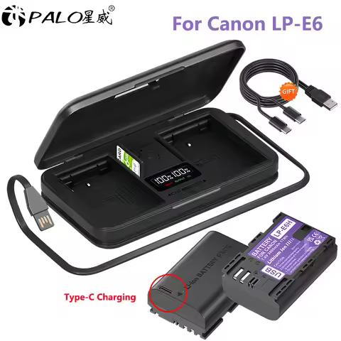 2850mAh LP-E6 USB-C LPE6 LP-E6N Battery+3 in 1 Multi-Function Charger for Canon EOS R R5 R6 5D Mark 