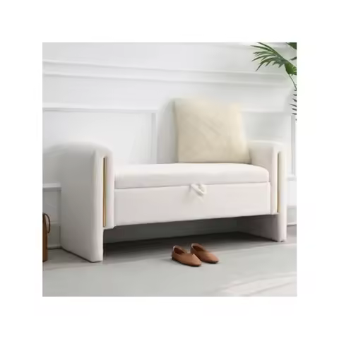 52" Storage Ottoman Bench, Teddy Upholstered Storage Bench with Armrest, Entryway Bench with Pull-Ri