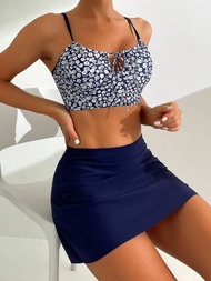 Conjunto De Traje De Baño De Bikini Con Tirantes De Espagueti Y Estampado Floral Para Mujer Que Incluye Una Camiseta Con Top Y Una Falda Corta