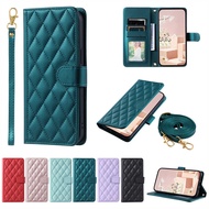 Samsung Galaxy A10 A20 A30 A40 A50 A30S A50S A70 A70S A51 A71 4G Casing Rhomboid Lattice Elegant Leather Wallet Flip Stand Case Cover Long Crossbody Lanyard