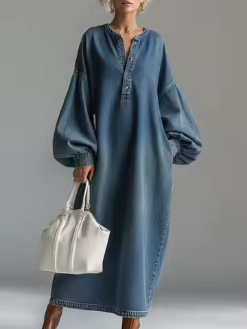 Vintage Polo Collar Denim Dress Stand Collar Midi Denim Dress Washed Blue Plus Size Denim Dress Retr
