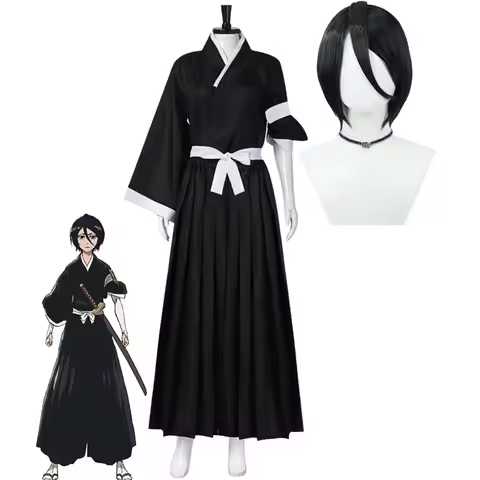 Anime BLEACH Kuchiki Rukia Cosplay Japanese Black Kimono Kendo Uniform Costume or Wig